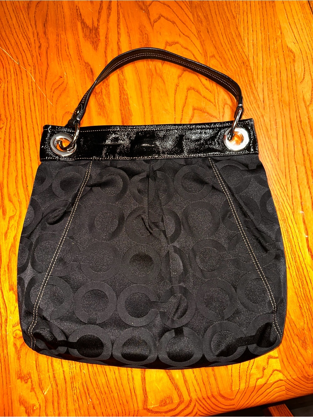 Coach Black Circle Jacquard Shoulder Bag with Patent Trim